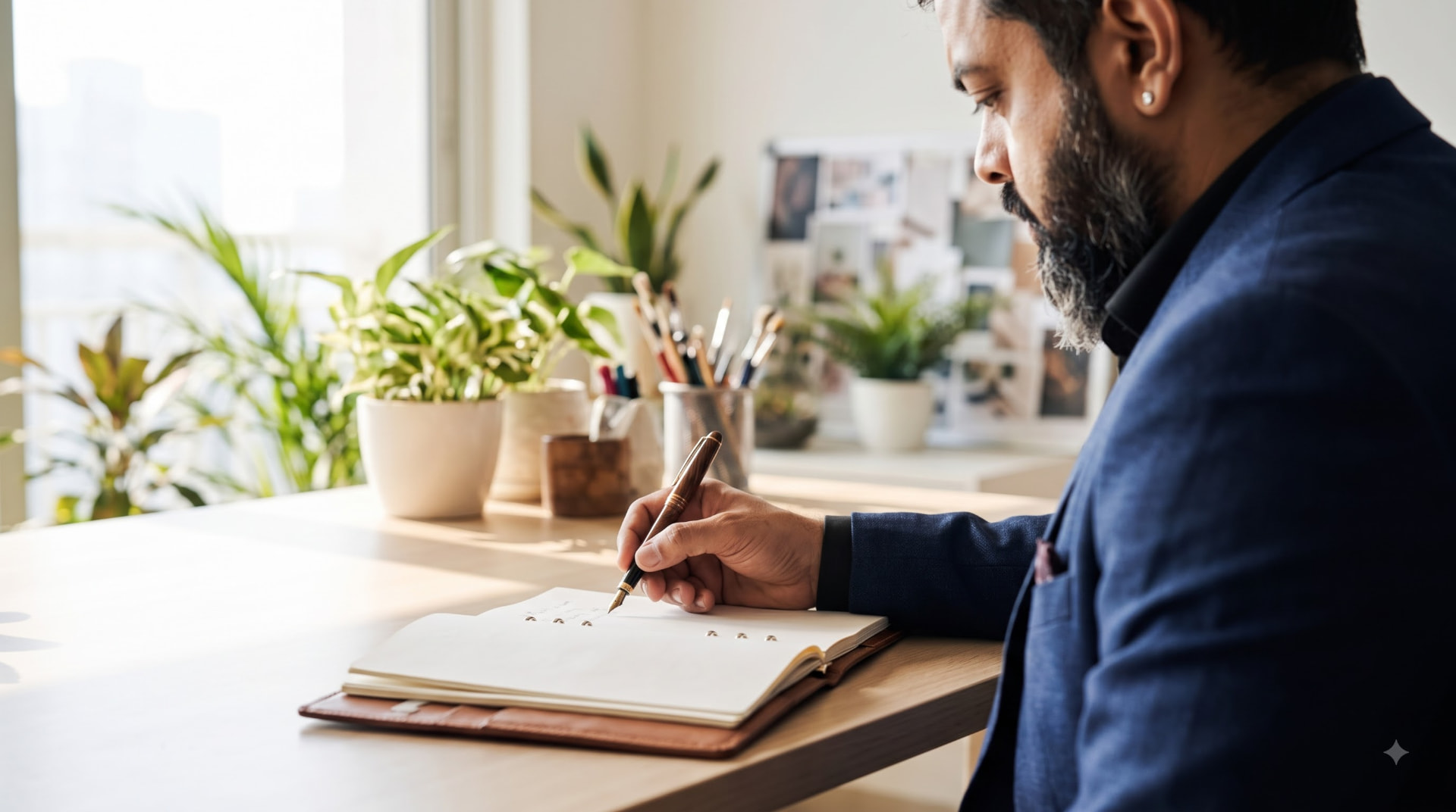 Chaitanya Bailey writing notes in a notebook