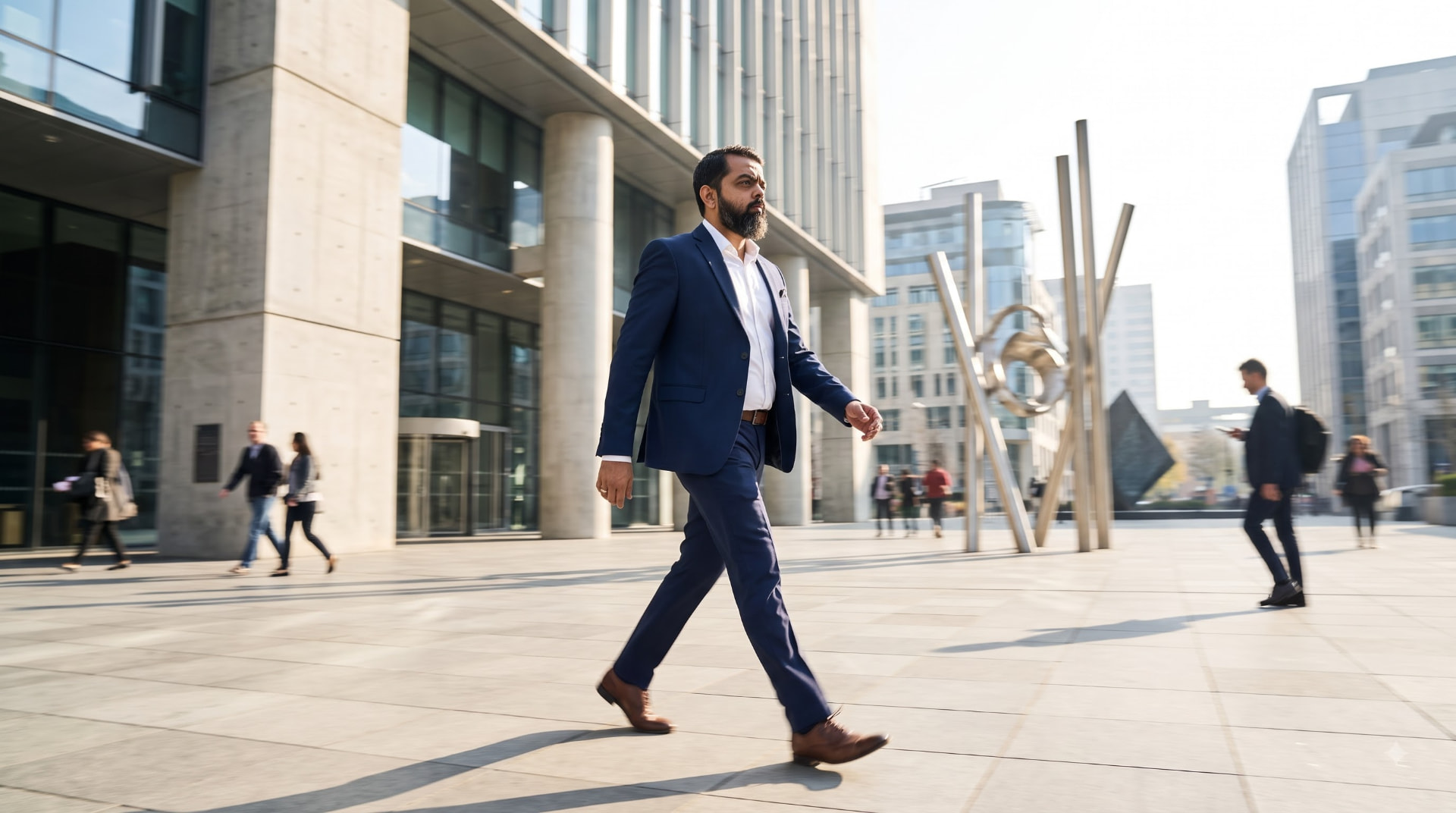 Chaitanya Bailey walking across a city plaza